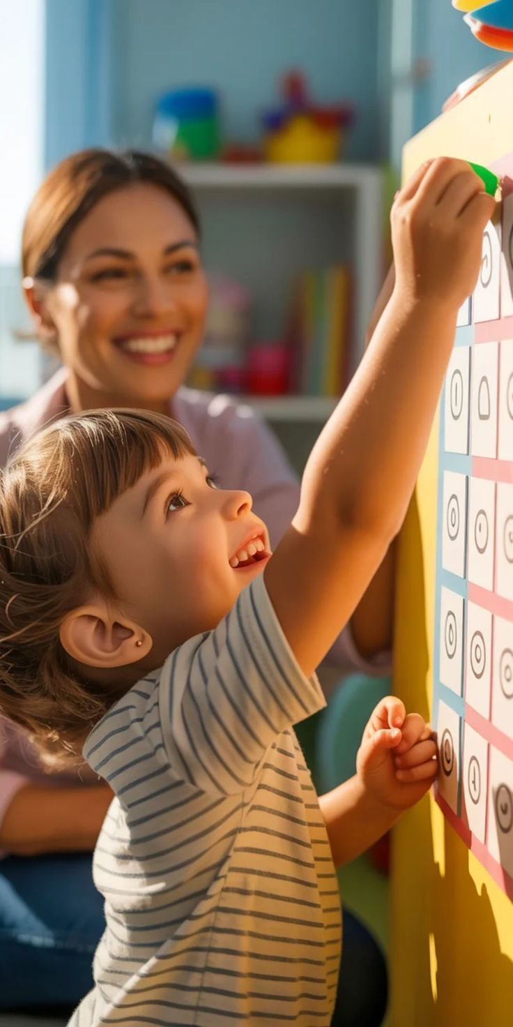 Adulto y niño frente a un tablero de rutinas con pictogramas